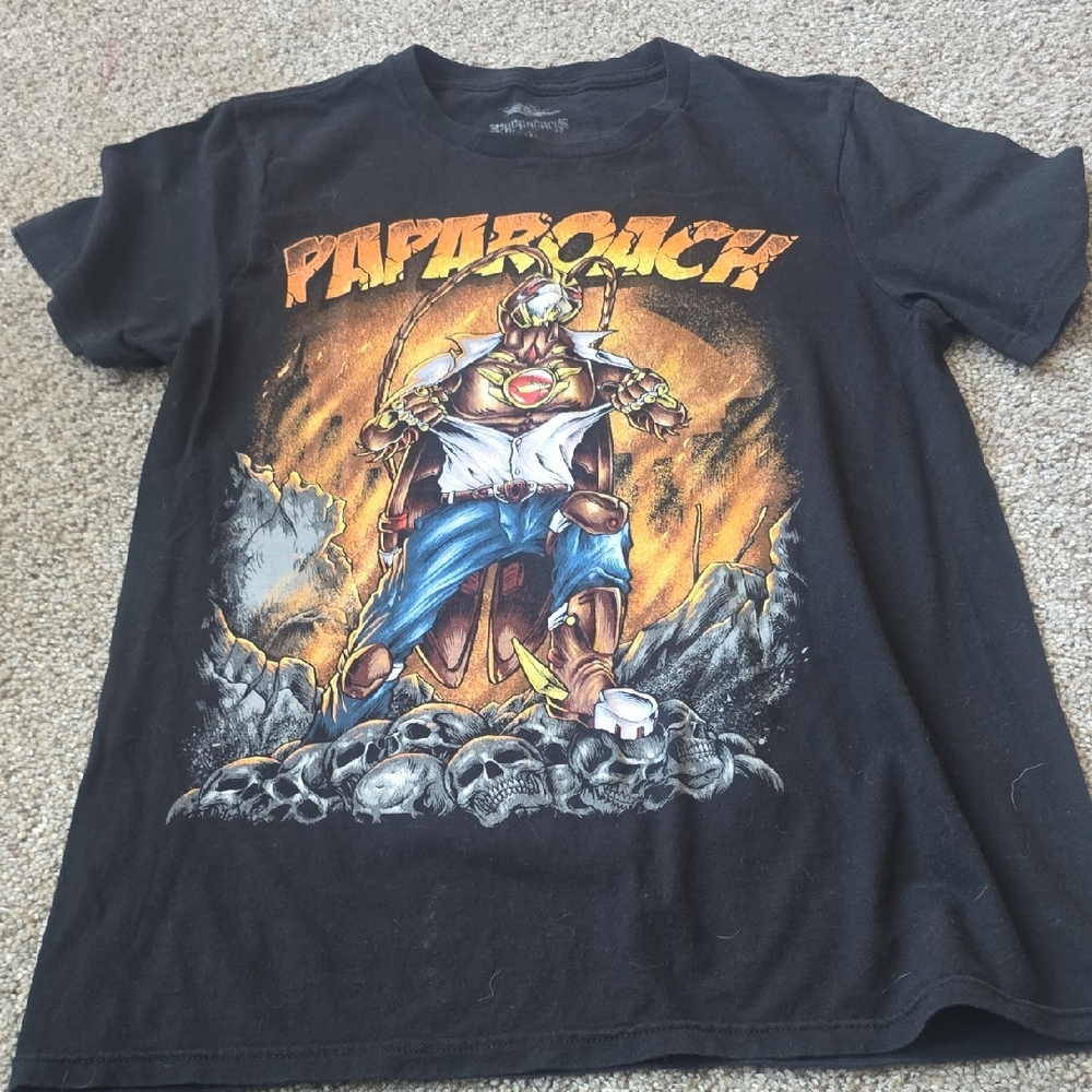 Hot Topic Black Graphic Tee with Orange and Blue Band Art